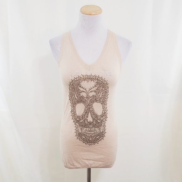 Rhinestone studded skull knit tank top cream metallic gold no size - Picture 1 of 6